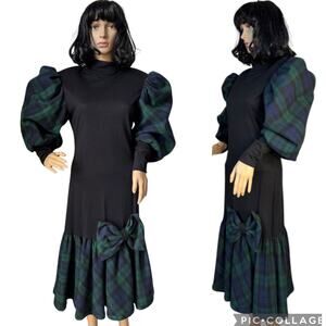 Vintage 1980s Leslie Lucks Black Plaid Puff Sleeve Party Dress Bow Hem Medium